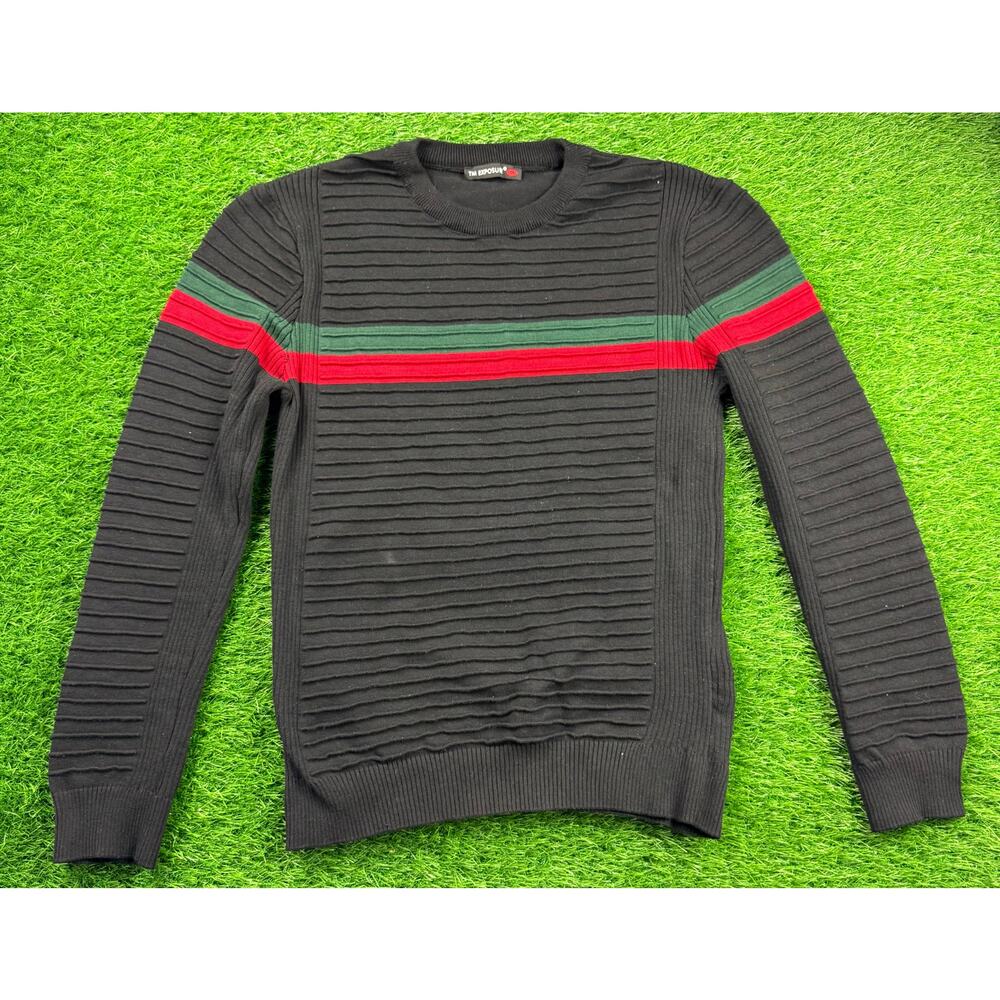 TM Exposure Mens Sweater Size M Black Red Green Stripe Ribbed Knit Long Sleeve